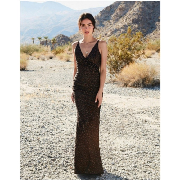 Dress the Population Helen Dress Black Tan Lace Trumpet Gown Maxi Leopard Size L - Picture 2 of 15